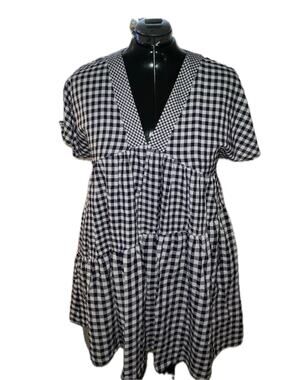 Anthropologie 11.1 Tylho Navy Gingham Tiered Swing Dress V-Neck XS NWT